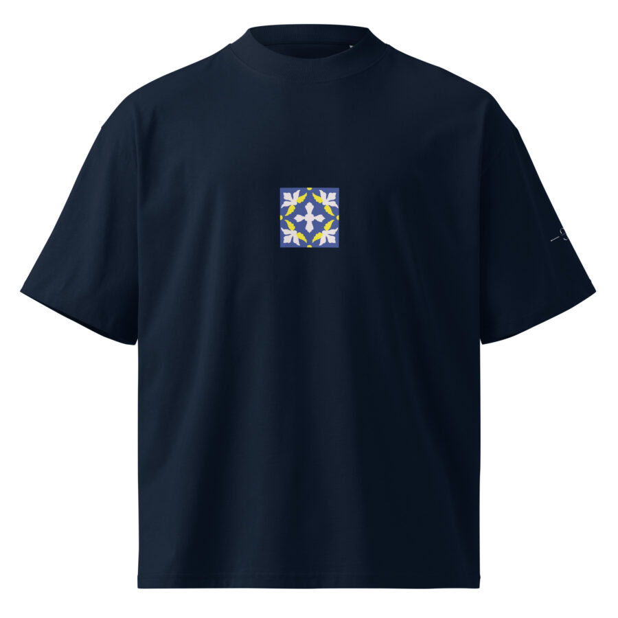 unisex organic oversized high neck t shirt french navy front 68750a36bee5d.jpg